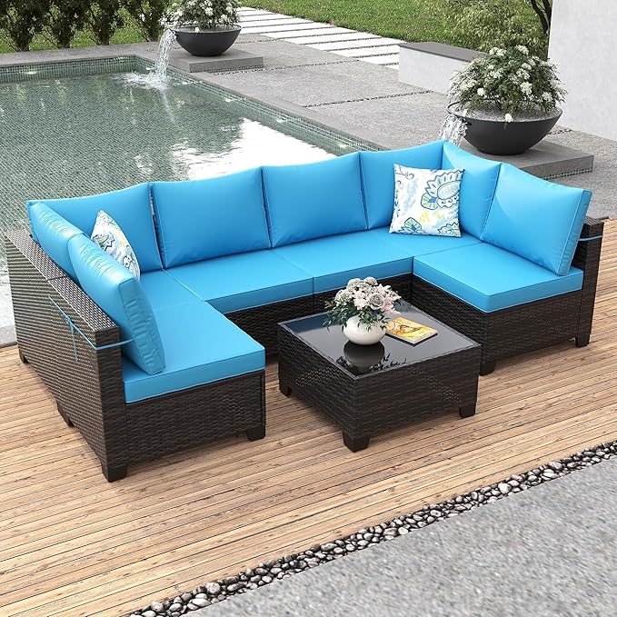 7 Pieces Patio Furniture Set, Outdoor Sectional Rattan Sofa Set, Wicker Patio Conversation Set with Cushions and Glass Coffee Table, for Balcony, Porch, Garden, (Brown/Peacock Blue)