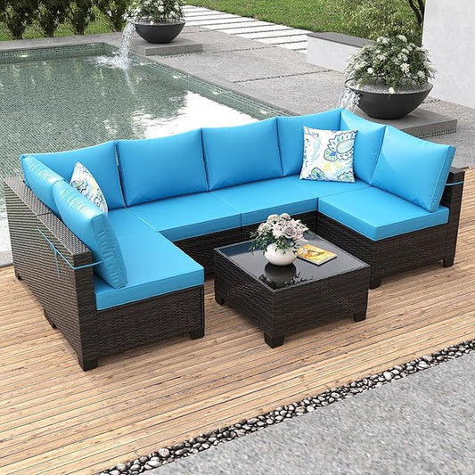 7 Pieces Patio Furniture Set, Outdoor Sectional Rattan Sofa Set, Wicker Patio Conversation Set with Cushions and Glass Coffee Table, for Balcony, Porch, Garden, (Brown/Peacock Blue)