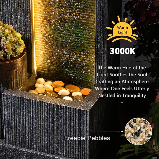 37" H Modern Indoor Water Fountains - Rectangular Outdoor Waterfall Fountain with LED Lights and Pump and Sculpted Flowers for Office, Living Room, Bedroom, Garden and Home Art Decor