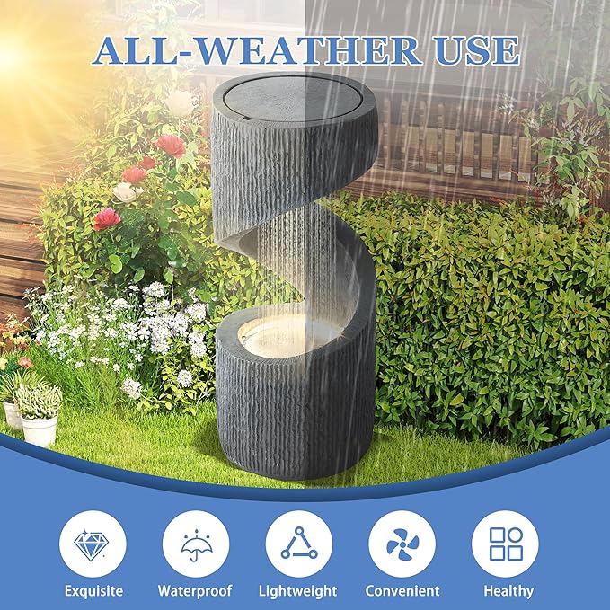 31.9" Outdoor Garden Water Fountain, S-Shaped Cascading Fountains and Waterfalls with LED Lights & Splash-Proof Net, Indoor/Outdoor Floor Standing Water Feature for Patio, Backyard, Home Decor
