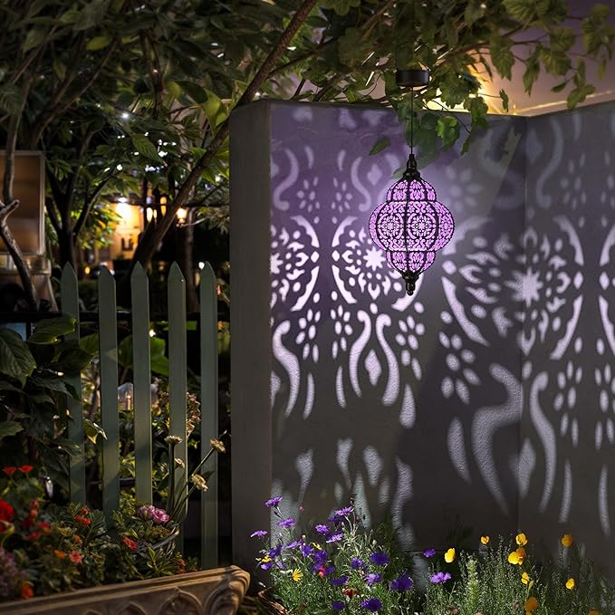 Hanging Solar Lights Outdoor Garden Decor Solar Lantern Waterproof Plastic Moroccan Outdoor Decorations for Patio Pathway Yard Backyard Garden Decorative (1, Purple)