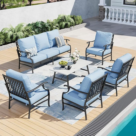 6 Piece Metal Outdoor Patio Furniture Set, Patio Conversation Sets 1 3-Seater Sofa, 4 Fixed Chairs with 5.75" Thick Cushion and Coffee Table, Backyard Furniture Set for Deck, Blue
