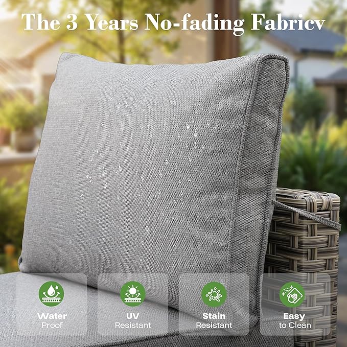 6 Pcs Patio Furniture with Fire Pit Table, Outdoor Rattan Wicker Conversation Set with Glowing Coffee Table, Comfy Sectional Sofa for Porch Balcony Backyard Pool, Grey