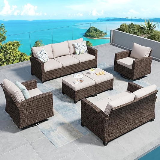 Swivel Glider Patio Furniture Set Outdoor Furniture Brown Wicker Rattan Patio Conversation Sets with Cushion Outside Sofa Set,6 Pieces 9 Seats,Beige