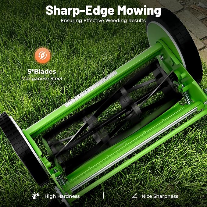 16 Inch Manual Reel Lawn Mower, 5-Blade Push Reel Mower Cordless Push Reel Lawn Mower with Adjustable Cutting Height and Grass Catcher for Yard, Garden - Image 3
