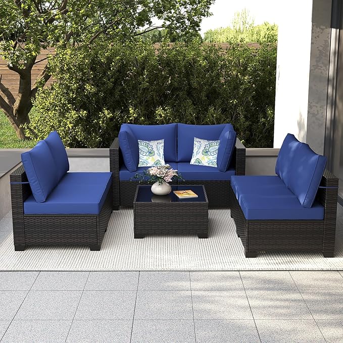 7 Pieces Patio Furniture Set, Outdoor Sectional Rattan Sofa Set, Wicker Patio Conversation Set with Cushions and Glass Coffee Table, for Balcony, Porch, Garden, (Brown/Blue)