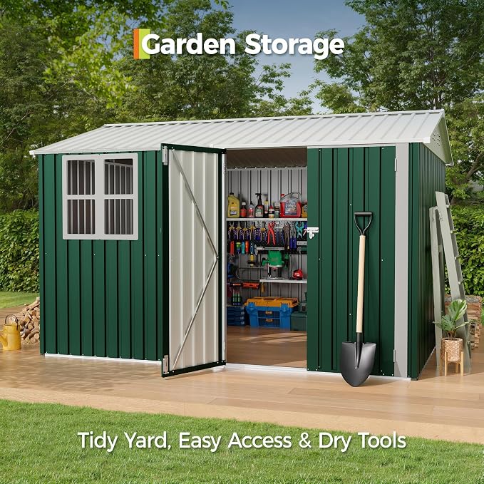 10x8 FT Outdoor Storage Shed, 450 Cu Ft Weather Resistant Garden Shed with Gable Roof & Grid Window, Multi-Use Shed for Bikes, Lawn Mowers, Patio Supplies & Pet Shelter - Image 5
