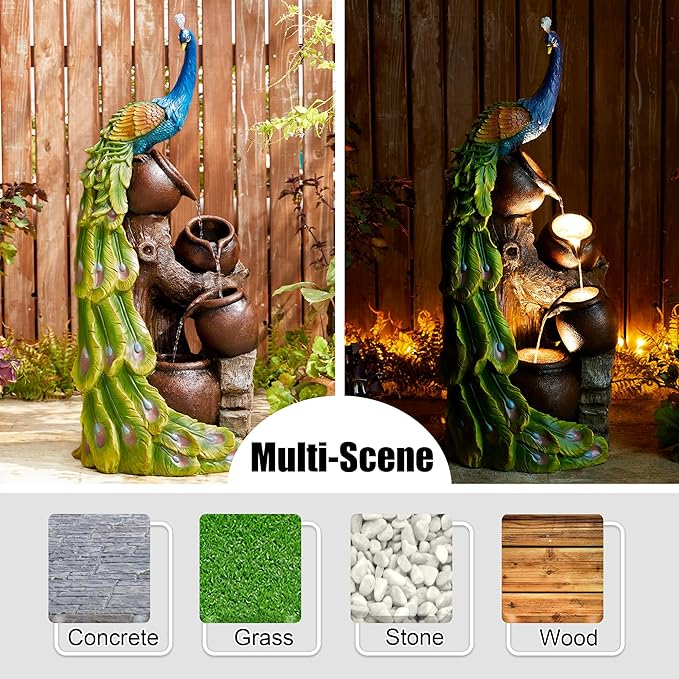 Glitzhome 4-Tier Peacock and Jars Outdoor Water Fountain with LED Light, 40”H Oversized Resin Peacock Sculpture Waterfall Fountain with Submersible Pump for Garden Patio Porch