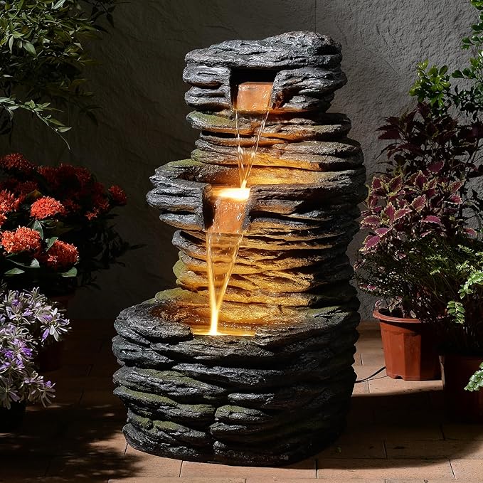28.8” Tall Rock Water Fountain Outdoor Garden, 3-Tiers Cascading Rock Natural Waterfall Fountains with LED Lights, Indoor Resin Water Feature Fountain for Patio, Backyard, Deck, Porch