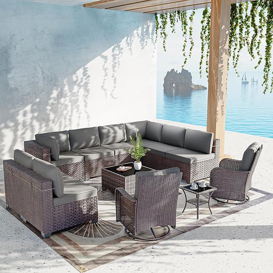 12 Pieces Outdoor Patio Furniture Set,Outdoor Sectional Furniture All Weather PE Rattan Wicker Patio Conversation Set with Coffee Table,Swivel Rocking Chairs Set,Grey