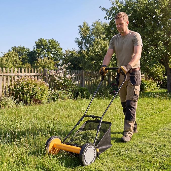16" Manual Rear Mower, Push Lawn Mower with 5 Steel Blades, Adjustable Cutting Heights & Grass Catcher Bag, Walk-Behind Grass Cutter Lawn Sweeper for Garden, Park & Yard (Orange) - Image 9