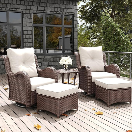 LayinSun 5 Pieces Outdoor Patio Furniture Set, Rattan Wicker Swivel Rocker Chairs Sets with Ottomans, Swivel Glider Chairs, and Coffee Table