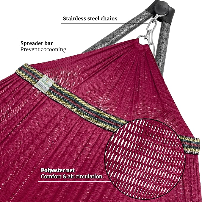 Tranquillo Combo x2 Hammocks with Stand for Outside & Tree Straps, Heavy Duty Hammock with Stand 600lbs for Indoor Outdoor Patio Backyard, x2 Hammocks for 2 Person (Combo - Red, Medium) - Image 6