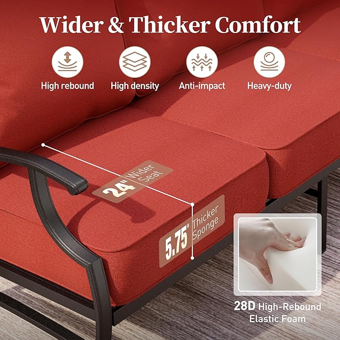 6 Piece Metal Outdoor Patio Furniture Set, Patio Conversation Sets 1 3-Seater Sofa, 2 Swivel Chair, 2 Ottomans with 5.75" Thick Cushion and Coffee Table, Black Backyard Furniture, Red