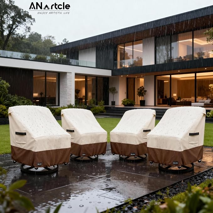 ANartcle Swivel Patio Chair Cover 4 Pack,600D Waterproof Heavy Duty Outdoor Chair Cover(35 W x 37 D x 36 H inches),Patio Furniture Covers,Outdoor Furniture Covers Waterproof,Beige&brown - Image 5