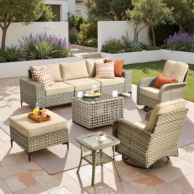 Patio Furniture Set, 8 Pieces Outdoor Wicker Conversation Sets with 2 Wicker Rocking Chair & Coffee Table Outdoor Sectional Sofa for Balcony Backyard Poolside Garden Lawn (Beige)