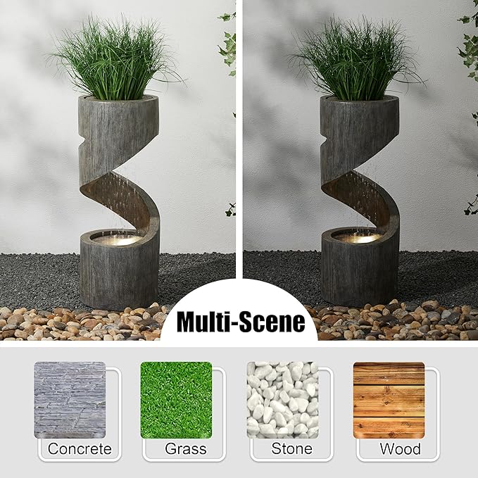 Glitzhome Outdoor Fountain with LED Light, Spiral Water Fountain Outdoor with Stone Planter, Modern Curved Waterfall Fountains Water Feature for Garden Patio, 31.3”H