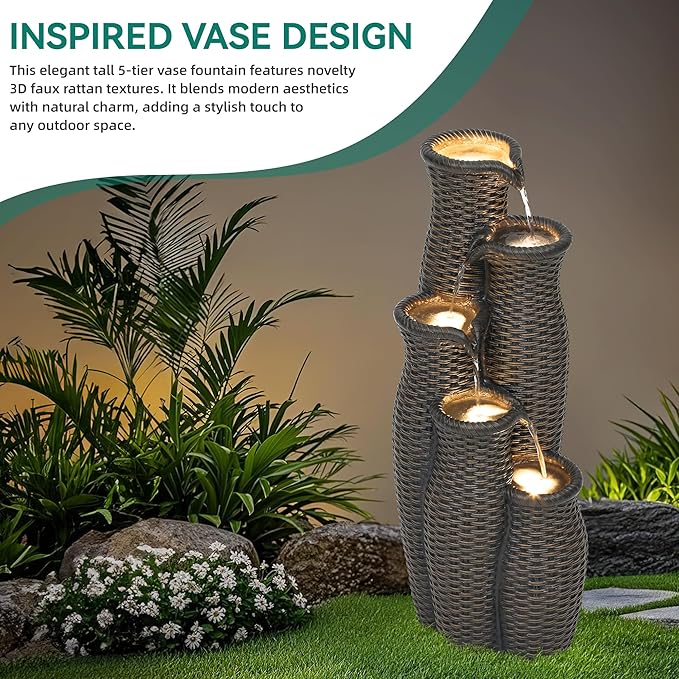 Wicker-Look Outdoor Water Fountain with Lights, 33" Tall 5-Tier Rattan Vase Cascading Waterfall Feature with Soothing White Noise for Patio Garden Backyard Porch Decor & Relaxation