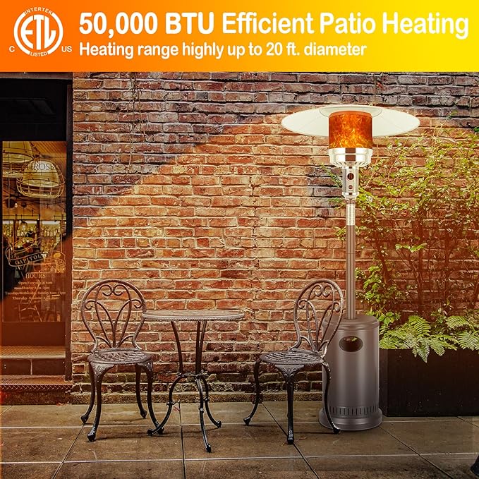 Hykolity 50,000 BTU Propane Patio Heater, Stainless Steel Burner with Wheels, Table Design, Triple Protection System Outdoor Heaters for Garden, Patio, Commercial and Residential, Brown