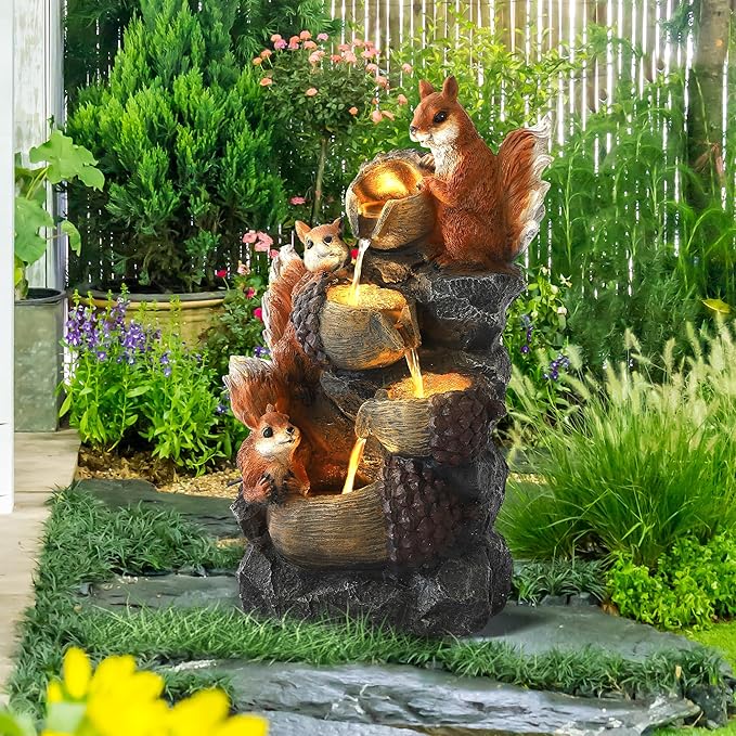 Outdoor Garden Water Fountain with Cascading Rock, 4-Tiers Fountains and Waterfalls with LED Lights,Indoor/Outdoor Morden Floor Standing Water Feature w/3 Squirrel Decor for Patio, Backyard