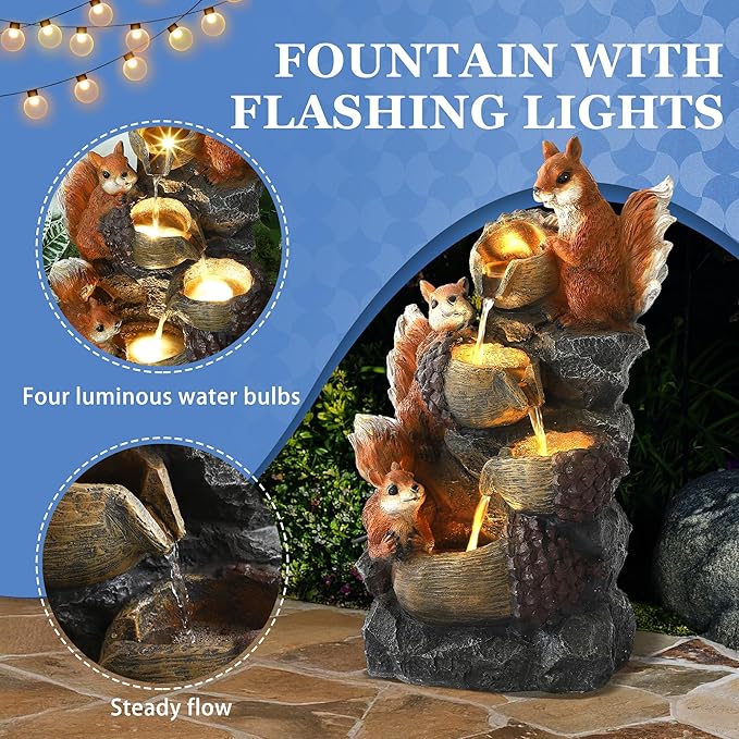 Outdoor Garden Water Fountain with Cascading Rock, 4-Tiers Fountains and Waterfalls with LED Lights,Indoor/Outdoor Morden Floor Standing Water Feature w/3 Squirrel Decor for Patio, Backyard