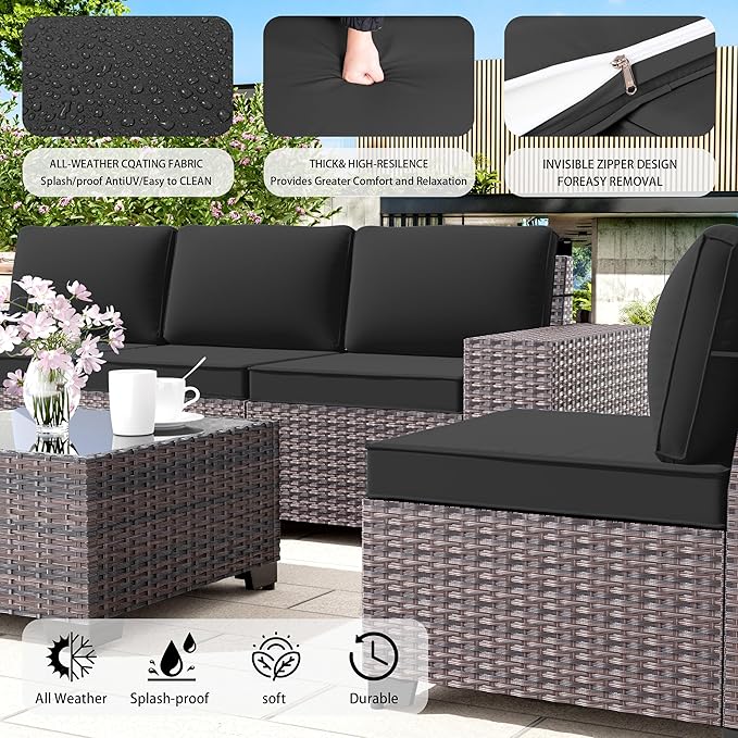 13 PCS Outdoor Patio Furniture Set,Outdoor Sectional Furniture with 43" 55000 BTU Gas Propane Fire Pit Table,All Weather PE Rattan Wicker Patio Conversation Set,Black