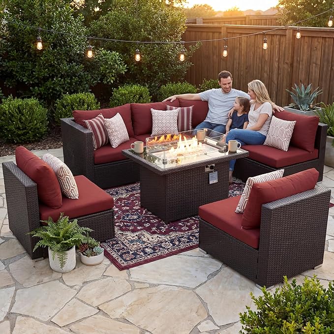 BULEXYARD 7-Piece Outdoor Patio Furniture Set with Propane/Natural Gas Fire Pit Table, Comfortable High-Back Sectional Couch Sofa, All-Weather Heavy Duty Backyard Seating, Brown Rattan & Red Cushion