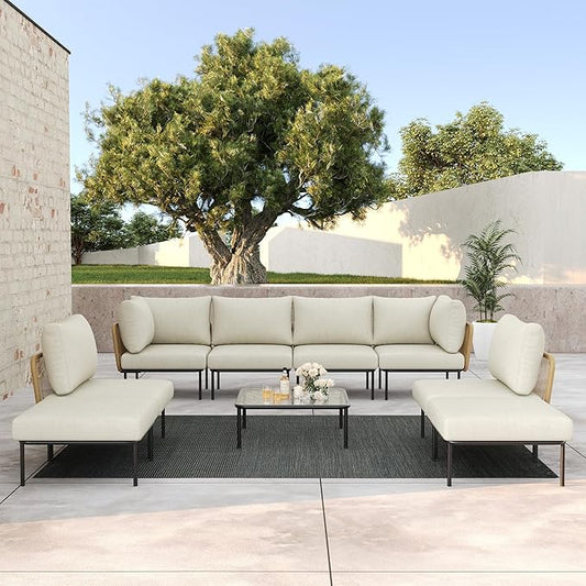 LayinSun 9 Pieces Aluminum Patio Furniture Set, Modern Modular Sectional Sofa with Coffee Table and Upgrade Thickness Cushion