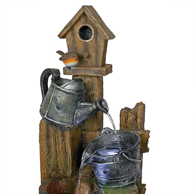 Alpine Corporation TZL280 Watering Can Barrel Birdhouse Fountain w/White LED Lights, Stylish Décor for Garden & Patio, 32" H