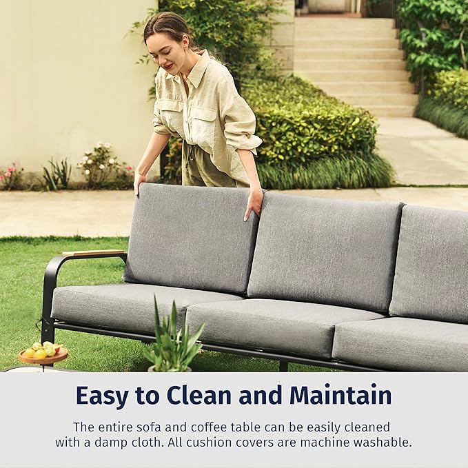 East Oak 5 Seats Patio Furniture Set, Waterproof Outdoor Patio Furniture with Thick Cushion, 4-Piece Outside Conversation Set with Coffee Table for Garden and Yard, Misty Grey