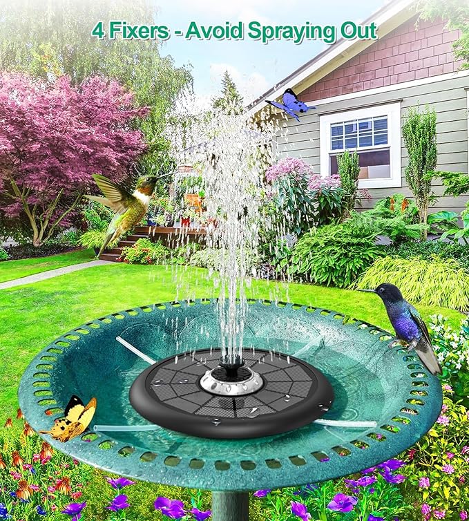 SZMP Powerful 5W Solar Powered Water Fountain for Bird Bath, Upgraded Glass Panel with Colorful Light Show, 7 Nozzles, Anti-Drift Fixer, 2000mAh Battery