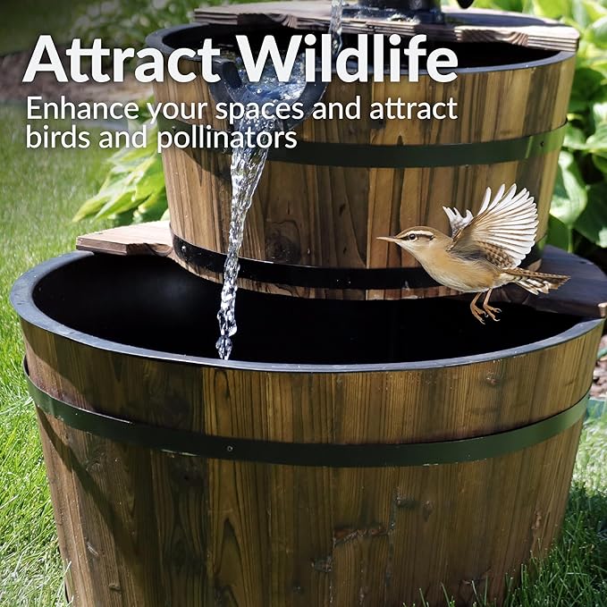 Sunnydaze 2-Tier Wood Barrel Water Fountain - 34-Inch Vintage Water Pump Fountain with Submersible Pump - for Garden, Patio, Decks