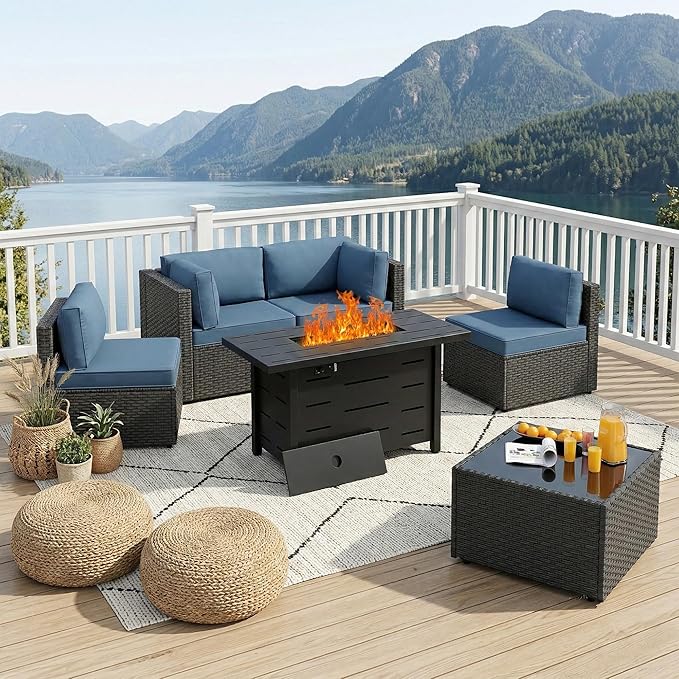 SUNLEI 5 Piece Outdoor Patio Furniture Set with Fire Pit Table, Black PE Rattan Wicker Conversation Sofa Set with Blue Cushions, All Weather Sectional Patio Couch for Backyard, Deck, Garden, Porch