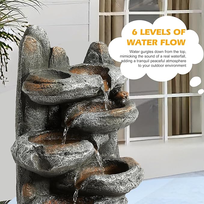 TITIMO 6-Tier Cascading Rock Water Fountain Outdoor Garden Waterfall with Lights,Fountain Indoor Decor for Garden, Patio, Backyard, Deck, Porch and Home Art Decor