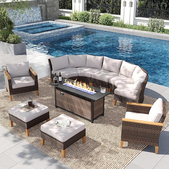 PHI VILLA Half-Moon Patio Furniture Set with 56" Fire Pit Table, Wicker Outdoor Curved Sectional Sofa with Cushions, Ottomans, Single Seats, Large Conversation Seating for Garden or Backyard, Beige