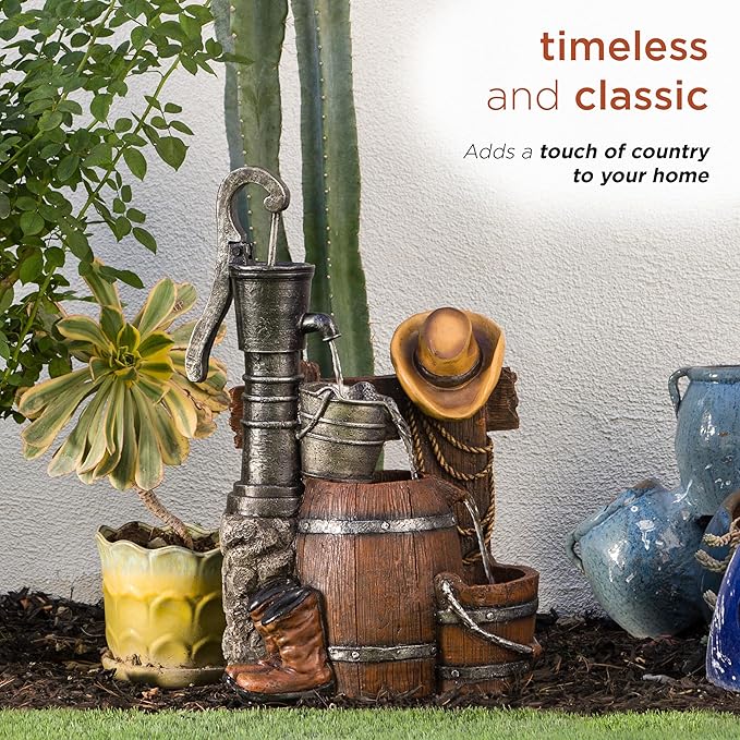 Alpine Corporation Outdoor Vintage Pump and Barrel with Cowboy Hat Fountain Yard Art Decor, 26" Tall, Brown