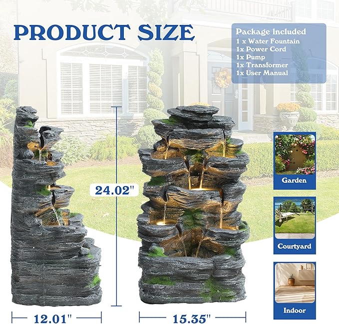 7-Tiers Garden Waterfall Fountain Outdoor - Water Fountains and Waterfalls, Outdoor/Indoor Floor Style Resin Fountain with LED Light for Patio, Garden and Backyard, Deck, Porch, Home