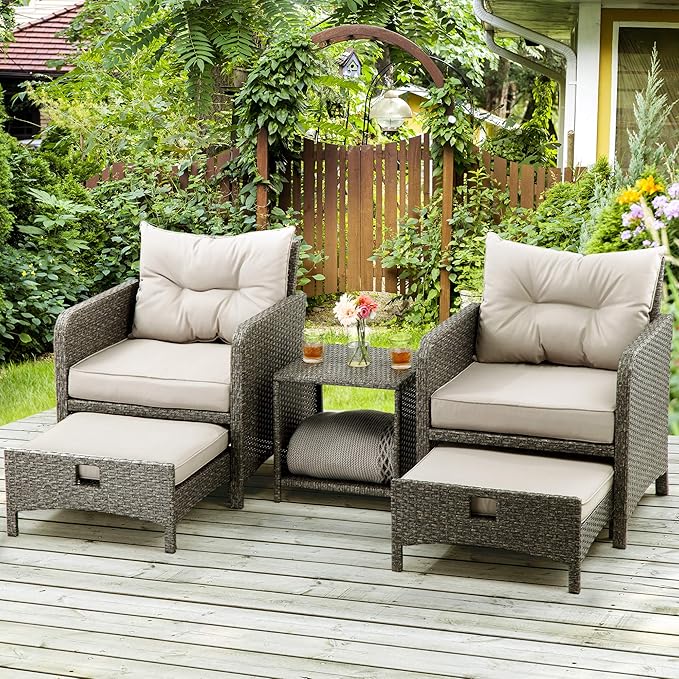 Pamapic 5 Pieces Outdoor Patio Wicker Chairs Set with Ottoman Outside Conversation Furniture Set with Cushions and Coffee for Balcony Porch Lawn Garden Table(Grey Cushion+Light Grey Rattan)