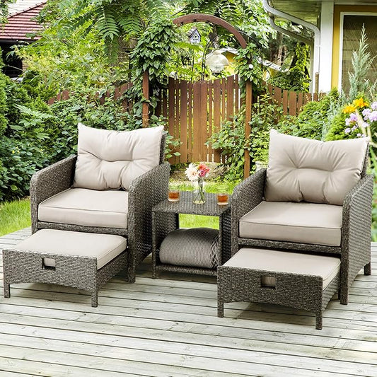 Pamapic 5 Pieces Outdoor Patio Wicker Chairs Set with Ottoman Outside Conversation Furniture Set with Cushions and Coffee for Balcony Porch Lawn Garden Table(Grey Cushion+Light Grey Rattan)