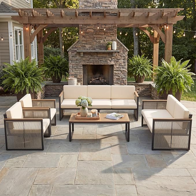 5 Piece Patio Conversation Set for 7, Modular Patio Sofa Couch with Cushions, Rattan Outdoor Patio Furniture Set with Loveseat/Coffee Table, Outdoor Sectional Furniture for Deck/Porch, Beige