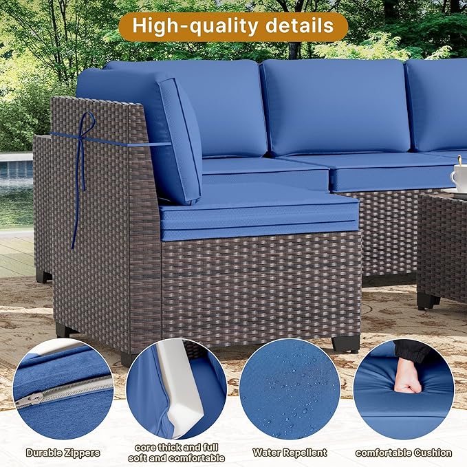Gotland 6 Pieces Patio Furniture Set with 1 Coffee Table, 5 Seater Rattan Outdoor Sectional with Wide Armrests 29.5'' High Backrest Thick Waterproof Cushions, Conversation Sets for Deck Garden Navy