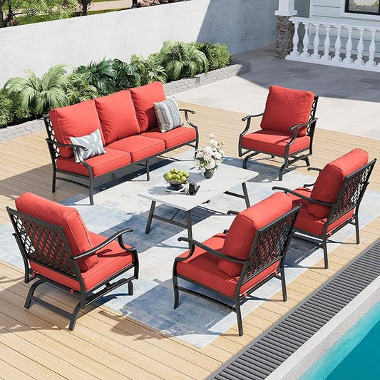 6 Piece Metal Outdoor Patio Furniture Set, Patio Conversation Set 1 3-Seater Sofa, 2 Rocking Chair, 2 Leg Chair with 5.75" Thick Cushion and Coffee Table, Backyard Furniture Set, Red