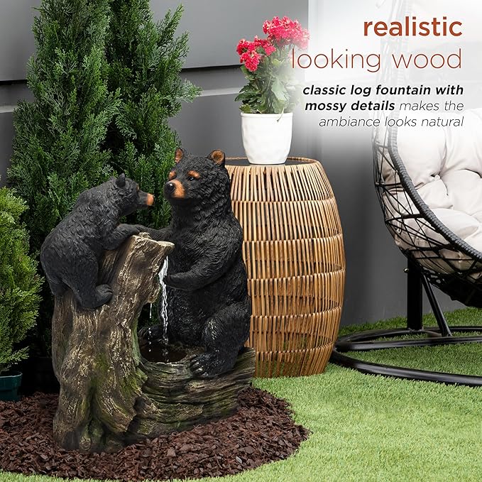 Alpine Corporation USA1132 Indoor/Outdoor Floor Bear and Cub on Log Fountain, Playful Bear and Cub Garden Fountain 26", Black