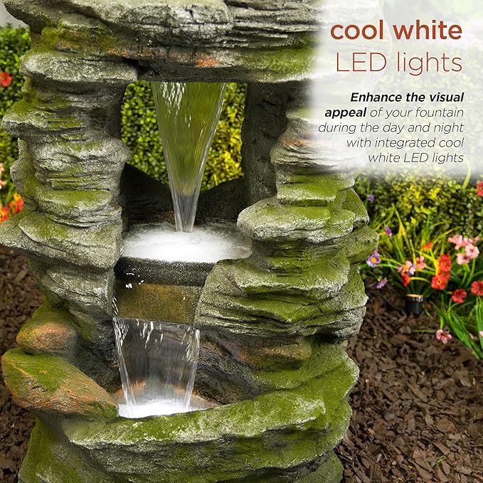 Alpine Corporation WIN1648 39" Stacked Stone Rainforest Fountain with Cool White LED Lights – Cascading Waterfall Feature for Garden, Patio, and Outdoor Décor