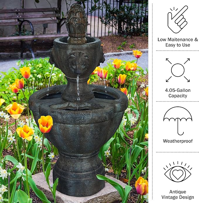 Outdoor Fountain – Polyresin 2-Tier Water Feature with Lion Head Details and Realistic Stone Appearance – Yard Art with Soothing Sound by Pure Garden