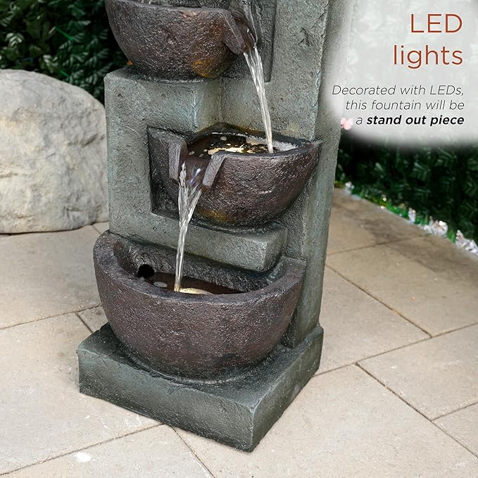 Alpine Corporation 39" Tall 5-Tier Bowls Waterfall Fountain with LED Lights, Elegant Outdoor Water Feature for Garden, Patio, Yard, Gray