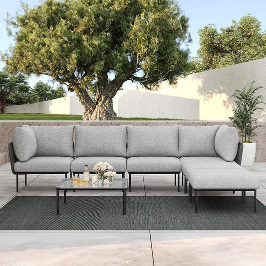 LayinSun 7 Pieces Aluminum Patio Furniture Set, Modern Modular Sectional Sofa with Coffee Table and Upgrade Thickness Cushion