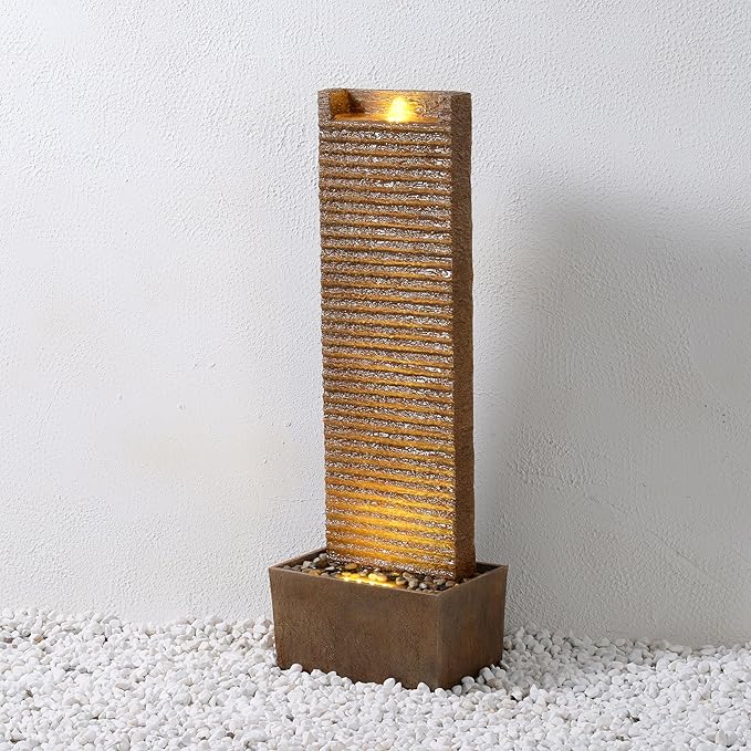 Teamson Home Ridged Texture Outdoor Water Fountain–Warm Glow Lighting with Built-in Electric Pump & Simple Setup, Brown