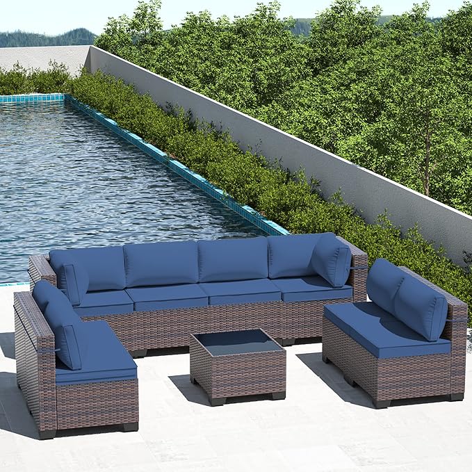 9 Pieces Outdoor Patio Furniture Set,Outdoor Sectional Furniture All Weather PE Rattan Wicker Patio Conversation Set with Coffee Table and 8 Thickened Cushions,Navy Blue