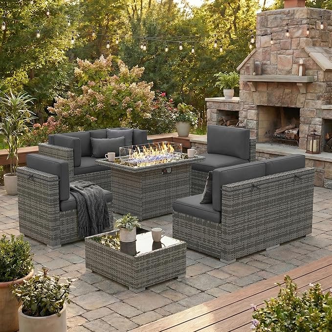 8 Pieces Patio Furniture Set with 44" Propane Gas Fire Pit Table, Outdoor Sectional Wicker Conversation Sofa Sets with Coffee Table